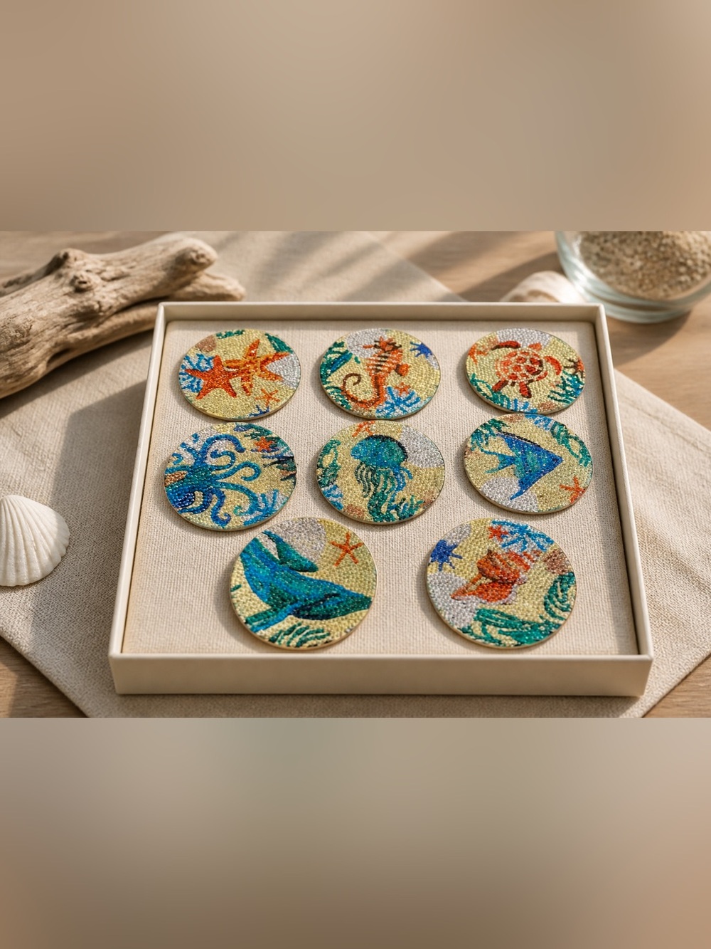 8 Piece Diamond Ocean Coasters Set with Stand